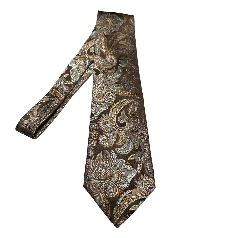 Massimo Ferre Mens Silk Tie Brown Gold Silver Paisley Hand Made Classic Necktie
